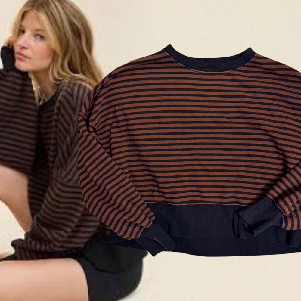 Aerie Sweatshirt Cropped Striped Brown Black Medium